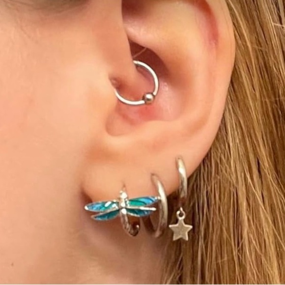 Sterling silver dragonfly earrings small hoops great for sensitive ears - Picture 3 of 4